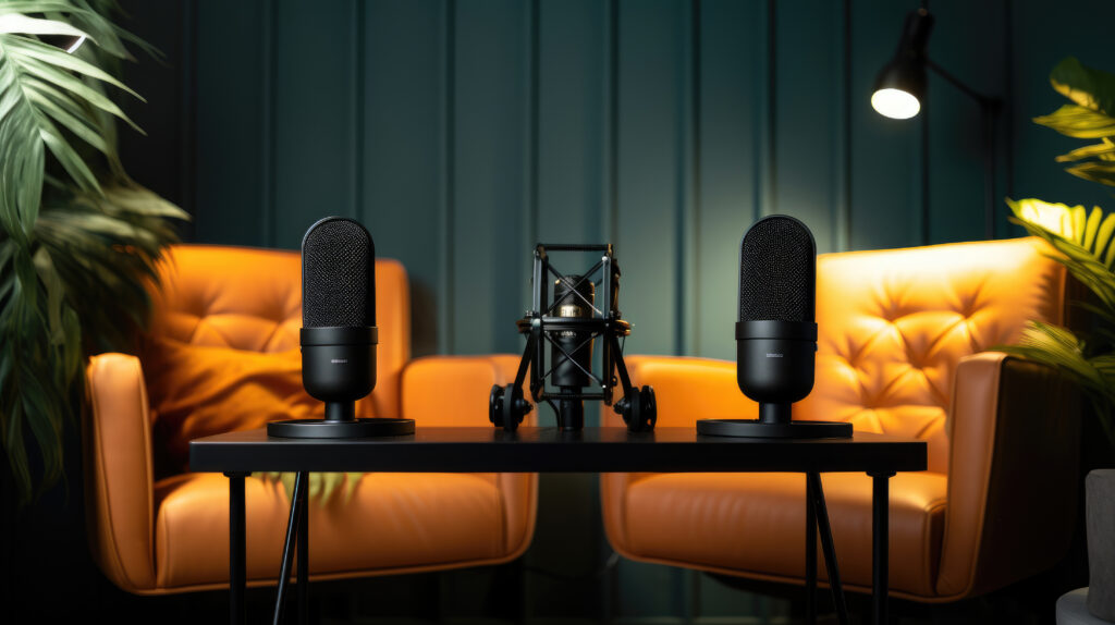Studio interior for podcast and interview with two chairs