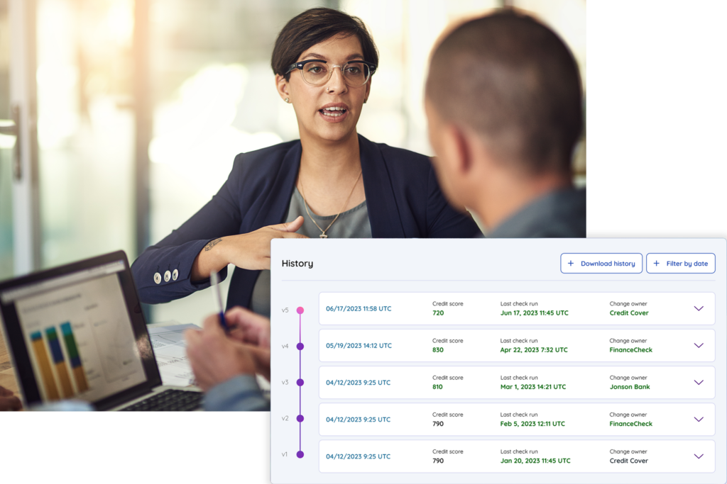 Vendia data management. Product shot showcasing credit score assessments in front, a woman and man in discussion in the back