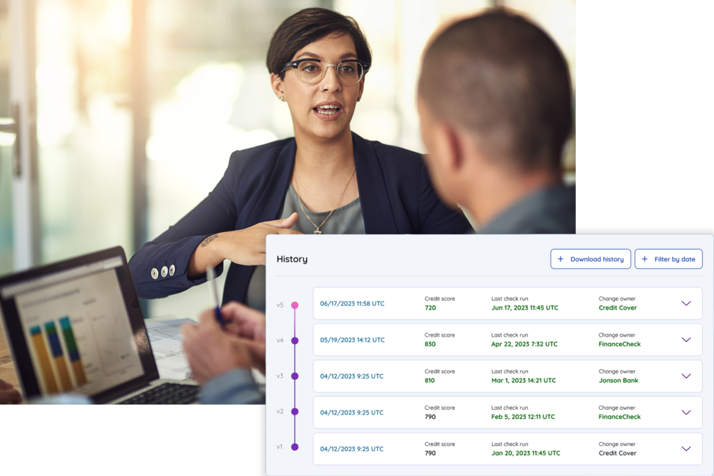 Vendia data management. Product shot showcasing credit score assessments in front, a woman and man in discussion in the back