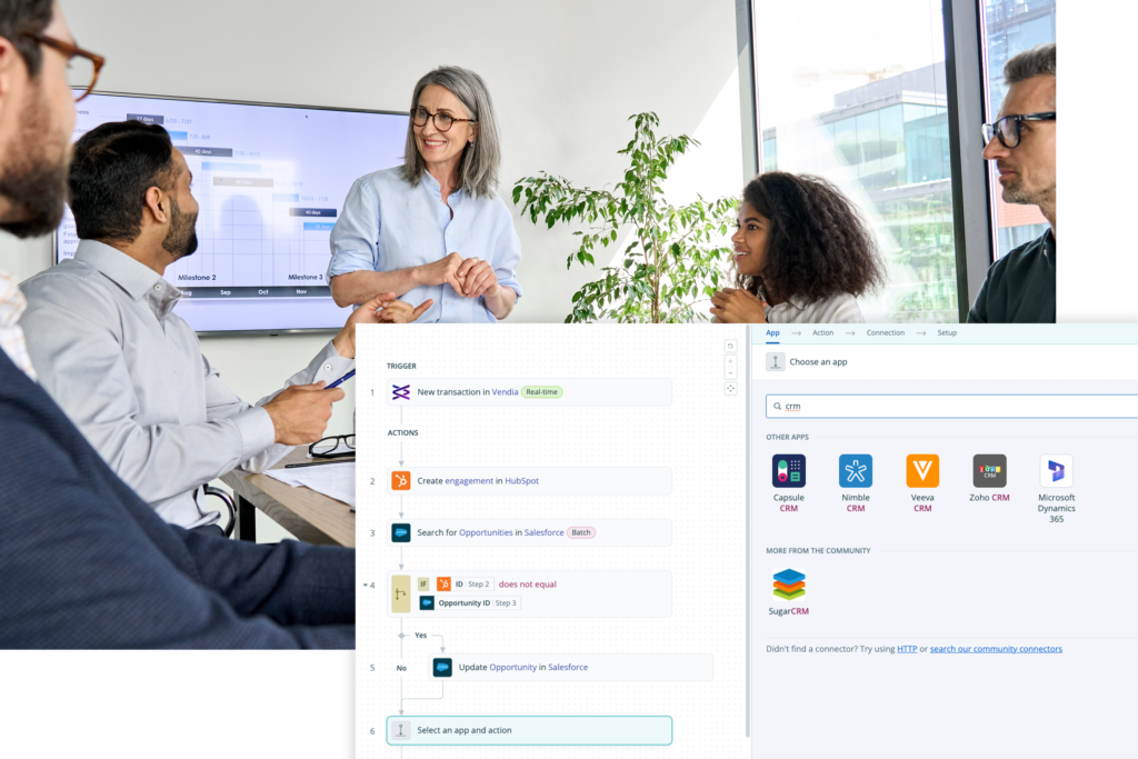 A Sales team collaborating in the background with Vendia's product in the front, showing how we connect different sales and marketing tools.