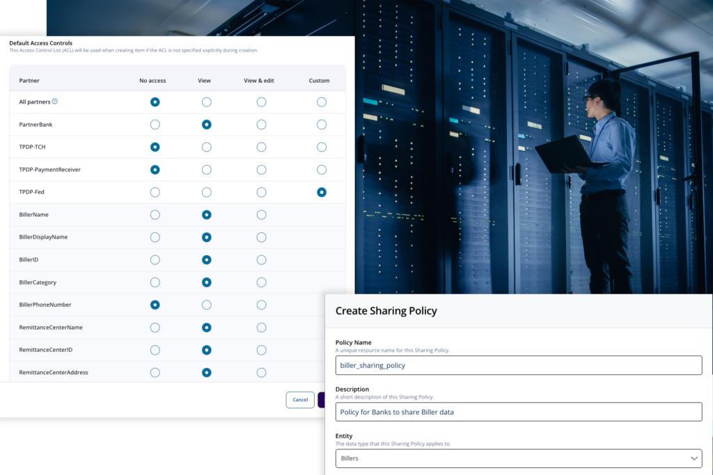 A man working in a server room in the background with the sharing policy screen of Vendia in the front