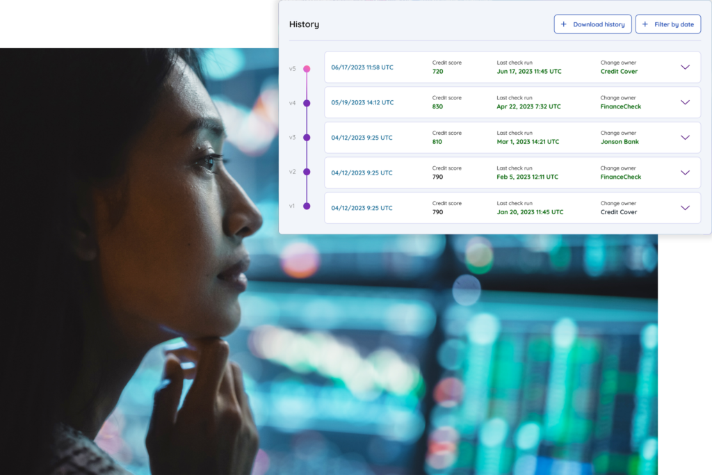 Product shot that showcases different data points relevant to the finance industry with a lifestyle image in the background