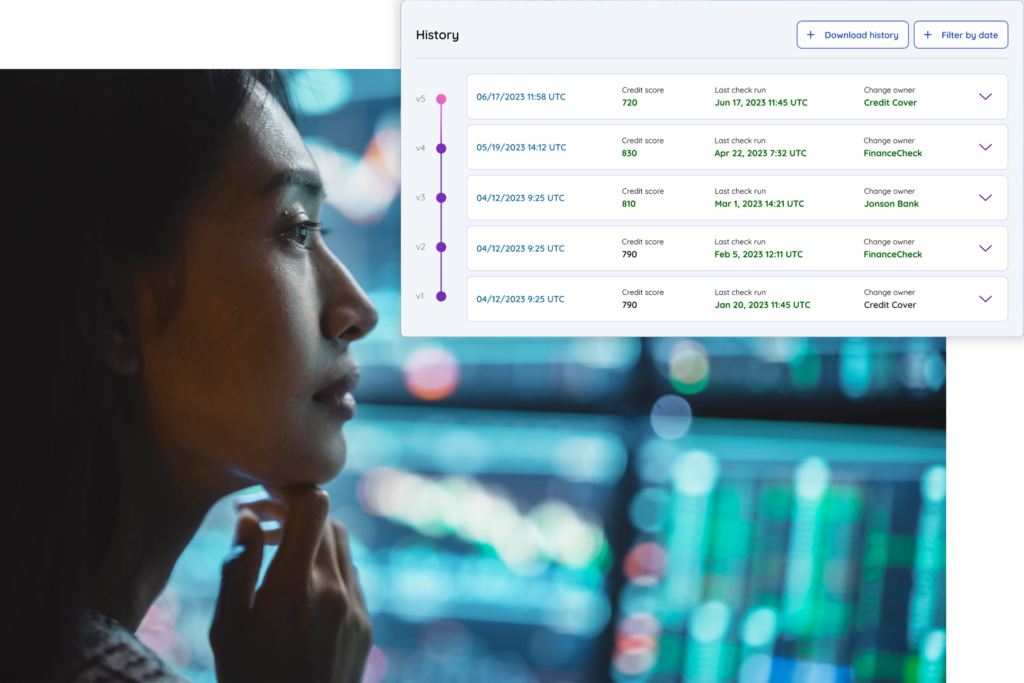 Product shot that showcases different data points relevant to the finance industry with a lifestyle image in the background