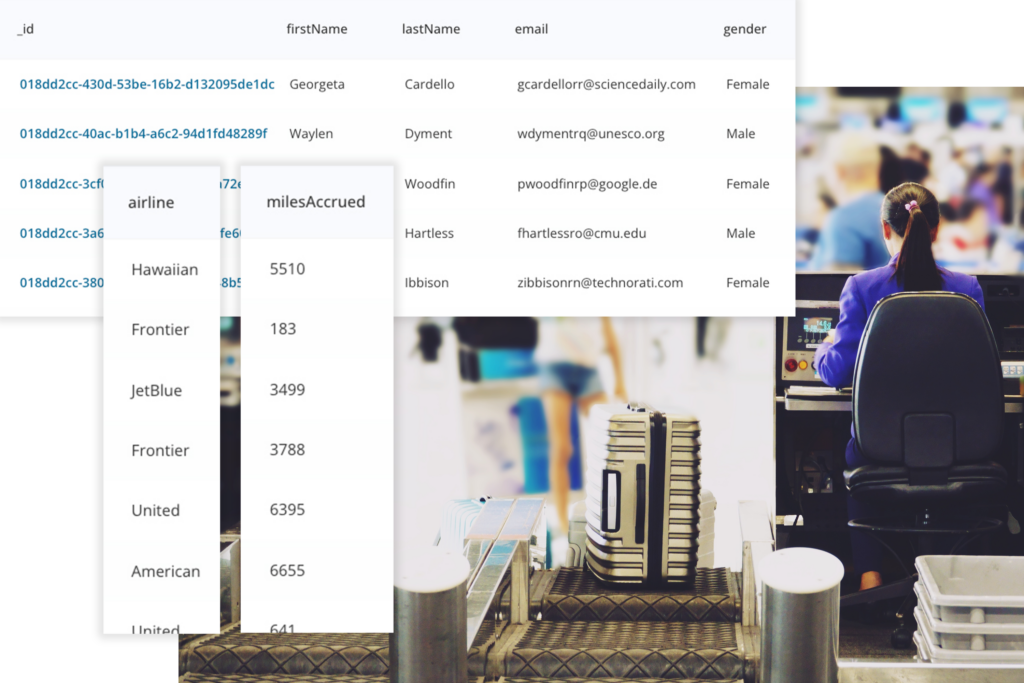 Airline & Passenger information on Vendia's platform with an airline check-in booth in the background