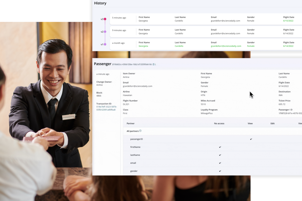 Vendia data automation platform showcases customer data, with a hotel manager in the backdrop