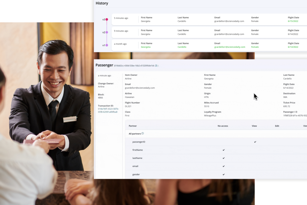 Vendia data automation platform showcases customer data, with a hotel manager in the backdrop