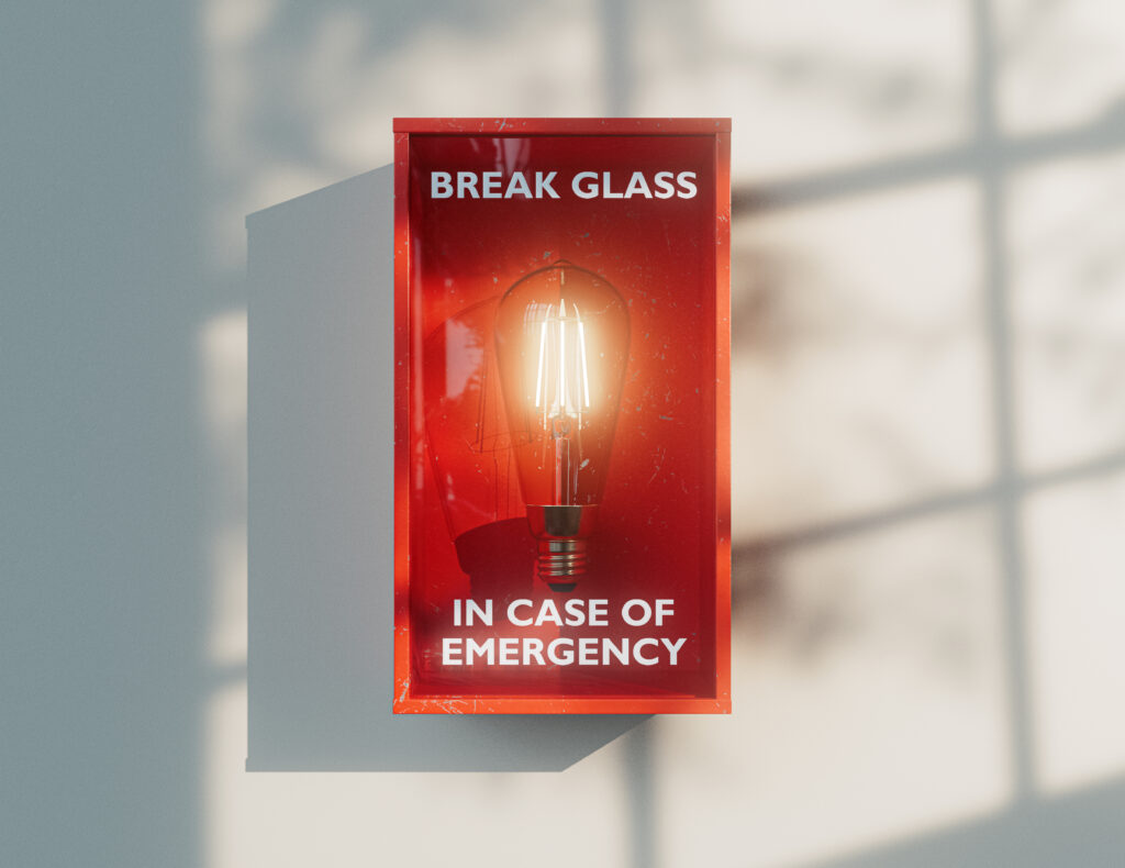 A red in case of emergency box with breakable glass with an illuminated lightbulb inside it - 3D render